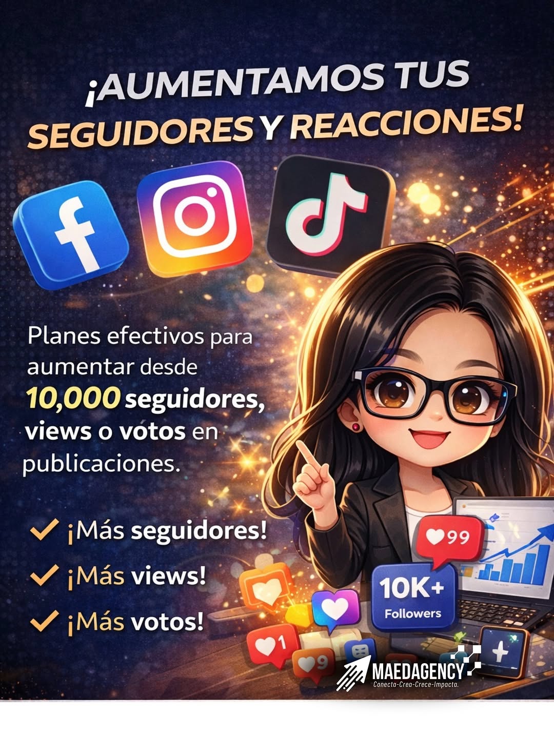 Poster de MAED Agency sobre aumento de seguidores y reacciones en redes sociales.